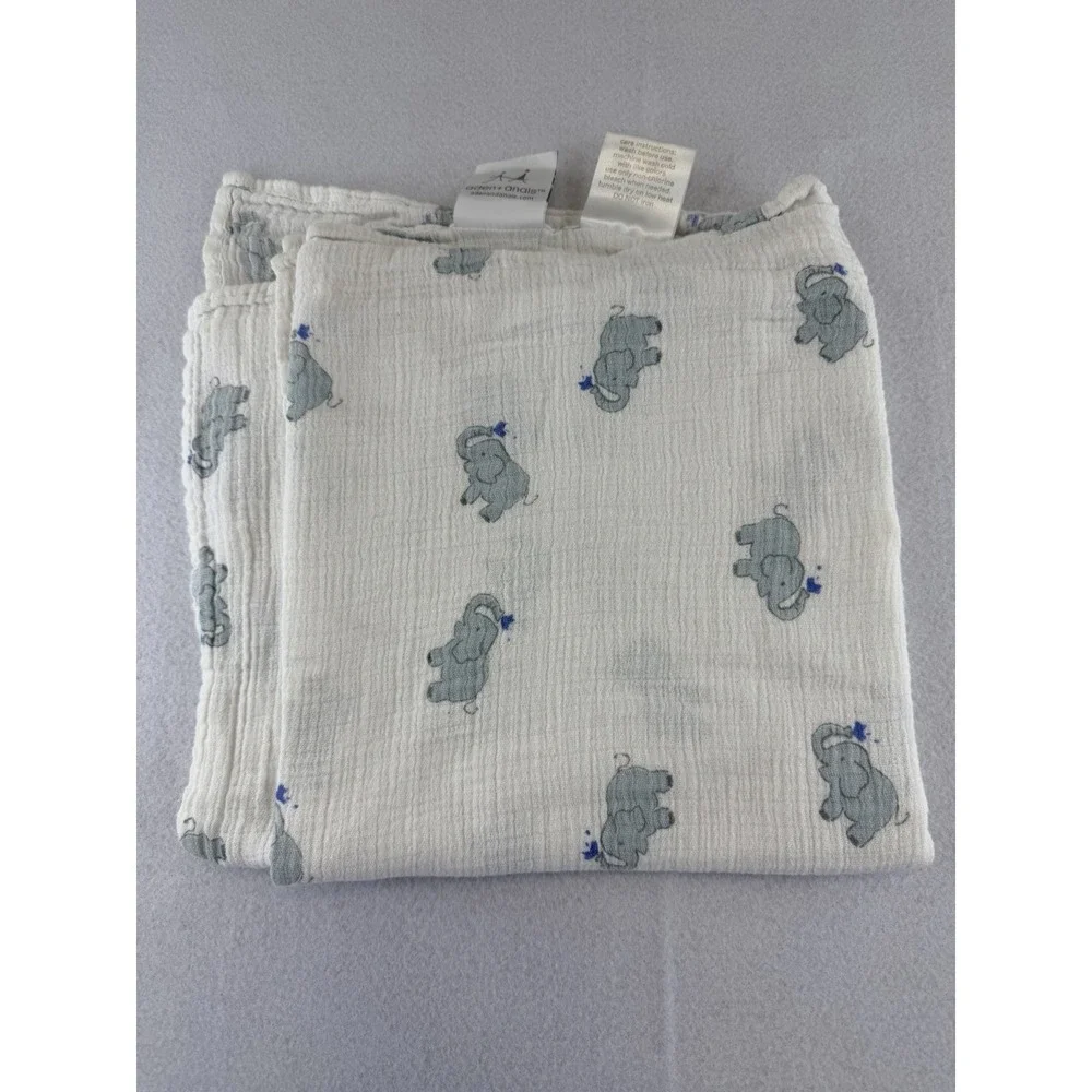 Aden + Anais Muslin White Blue Elephant Baby Receiving Swaddle‎ Blanket